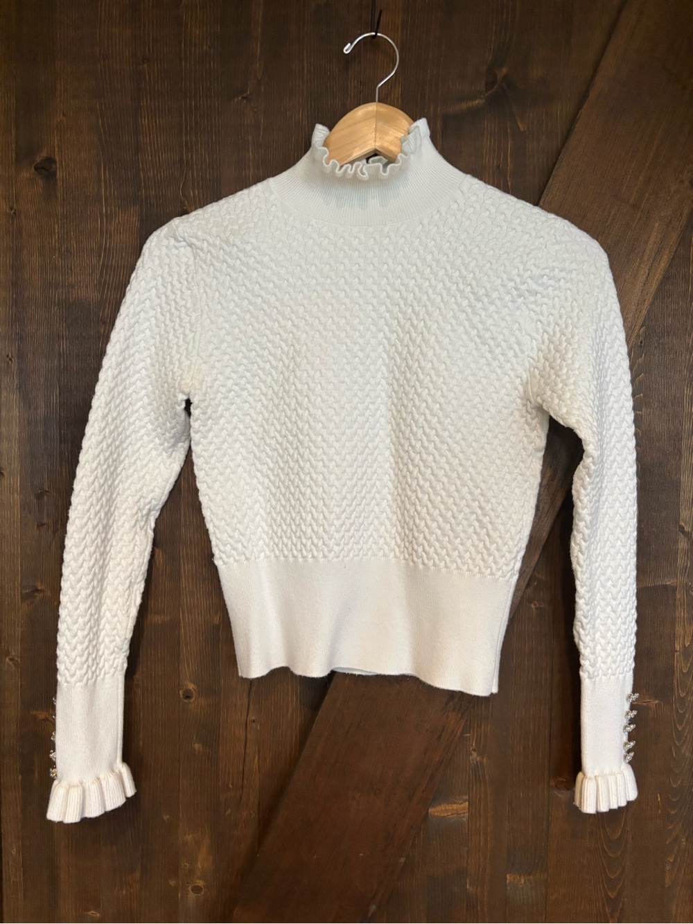 Zara Textured Knit Mock Neck Sweater with Rhinestone Buttons